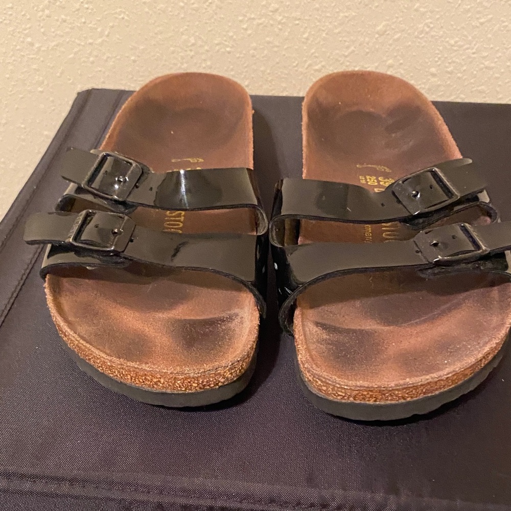 Birkenstock Black Patent Arizona Two-Strap Sandals